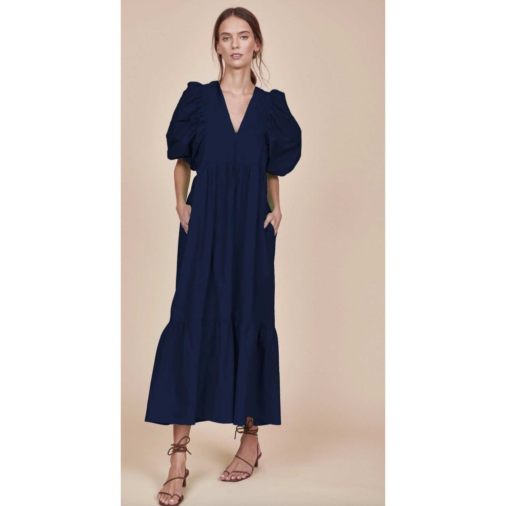 HUNTER BELL Palmer Dress Navy Blue Cotton Puff Sleeve Tiered V-Neck Sz M